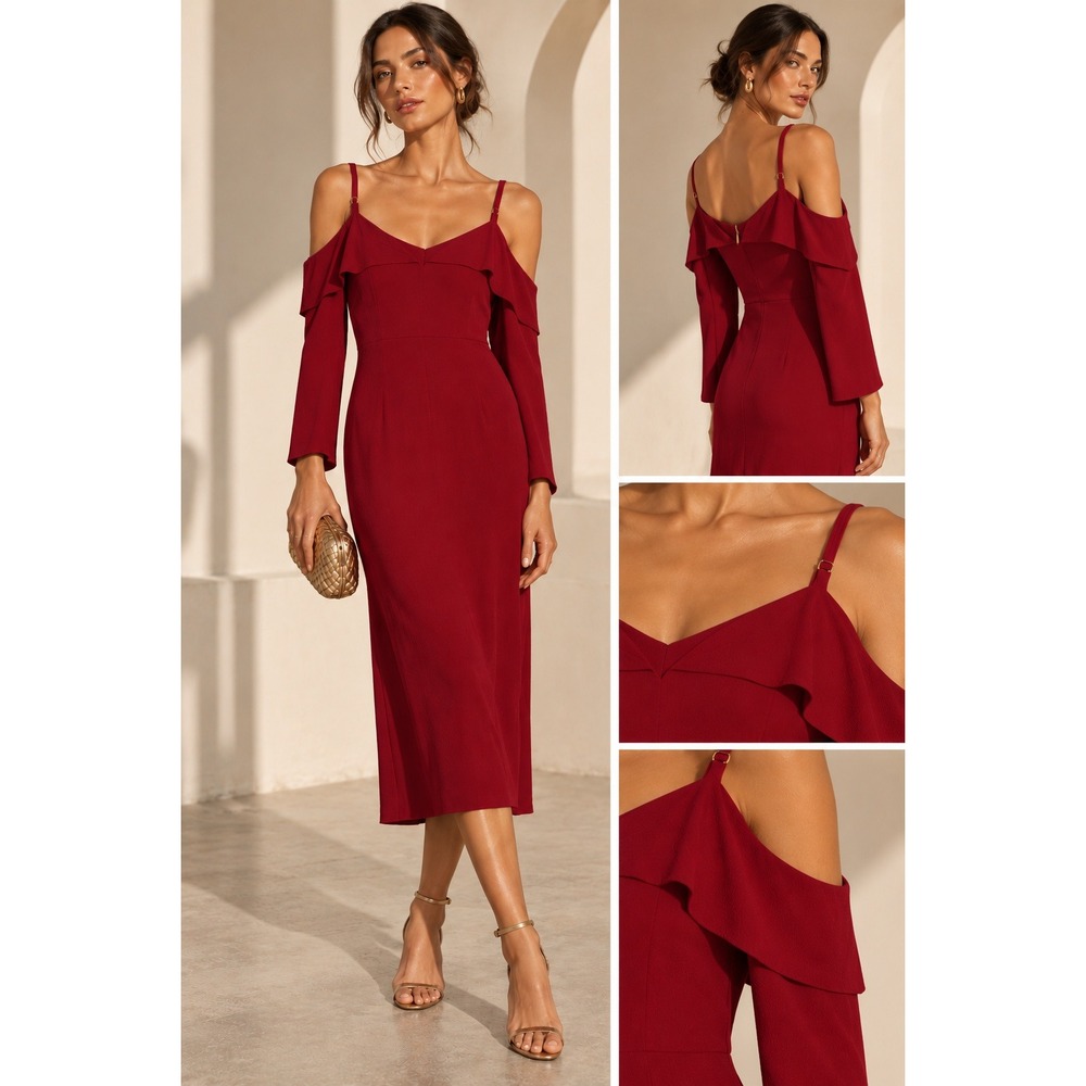 Reformation Revolve Deep Red Cold Shoulder Cocktail Midi Dress (MSRP: $275) 8